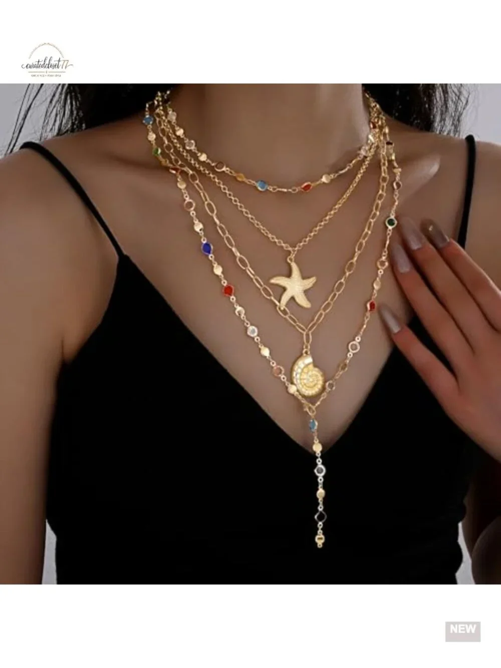 4PCS Layered Gold Cross Necklaces Set with Bohemian Beads and Pearls Adjustable